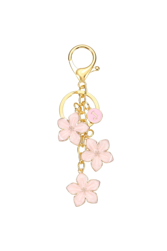 Initial Letter Flower Keychain, Alphabet J Drip Oil Pink Charm Cherry Blossom