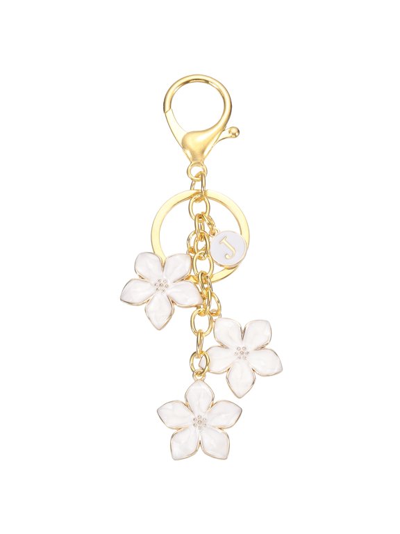 Initial Letter Flower Keychain, Alphabet J Drip Oil White Charm Cherry Blossom