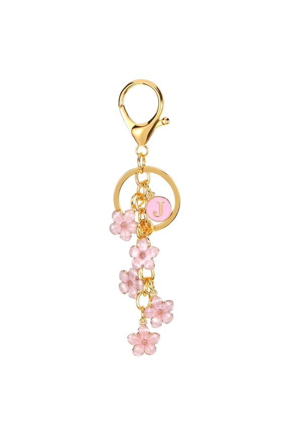 Initial Letter Flower Keychain, Alphabet J Enamel Charm Flower Keyring, Pink