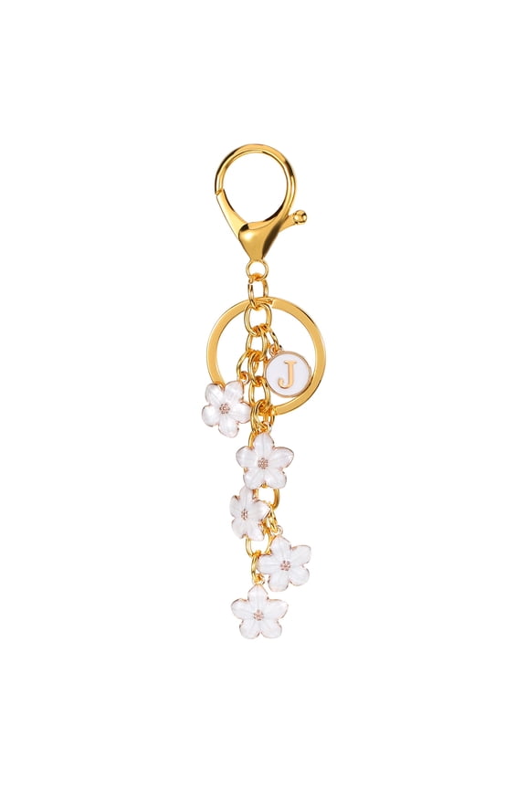 Initial Letter Flower Keychain, Alphabet J Enamel Charm Flower Keyring, White