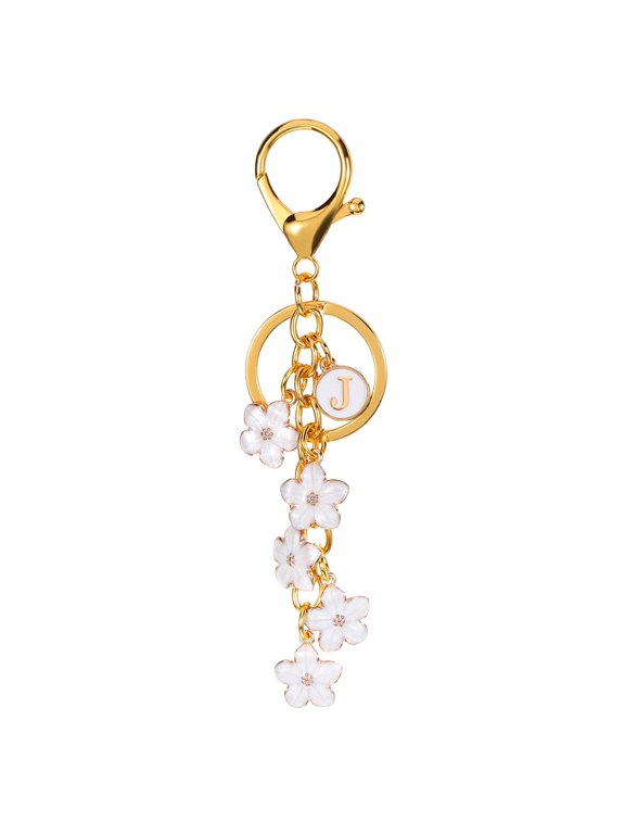 Initial Letter Flower Keychain, Alphabet J Enamel Charm Flower Keyring, White