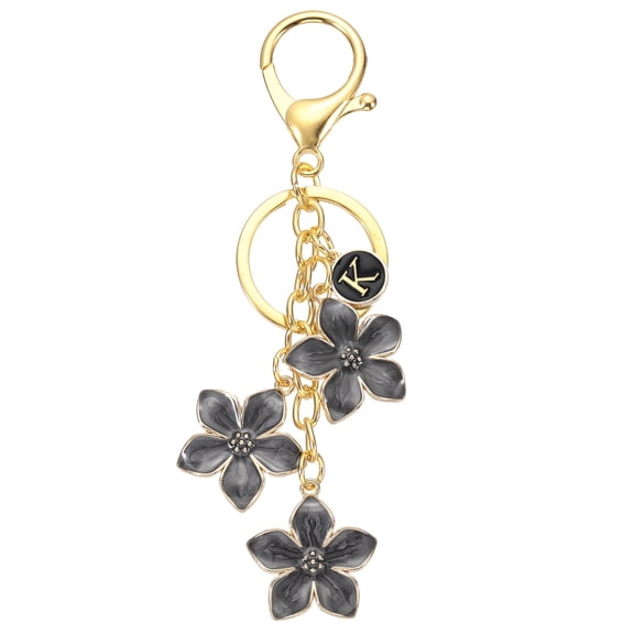 Uxcell Initial Letter Flower Keychain, Alphabet K Drip Oil Black Charm Cherry Blossom