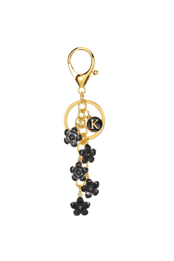 Initial Letter Flower Keychain, Alphabet K Enamel Charm Flower Keyring, Black