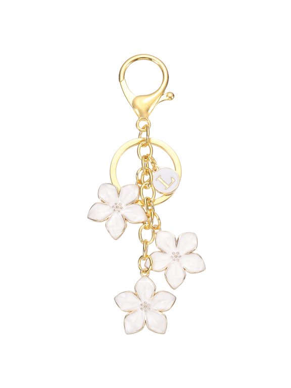 Initial Letter Flower Keychain, Alphabet L Drip Oil White Charm Cherry Blossom