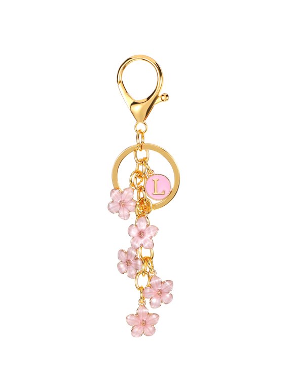 Initial Letter Flower Keychain, Alphabet L Enamel Charm Flower Keyring, Pink