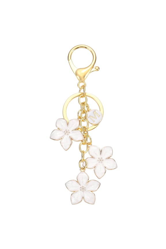 Initial Letter Flower Keychain, Alphabet M Drip Oil White Charm Cherry Blossom