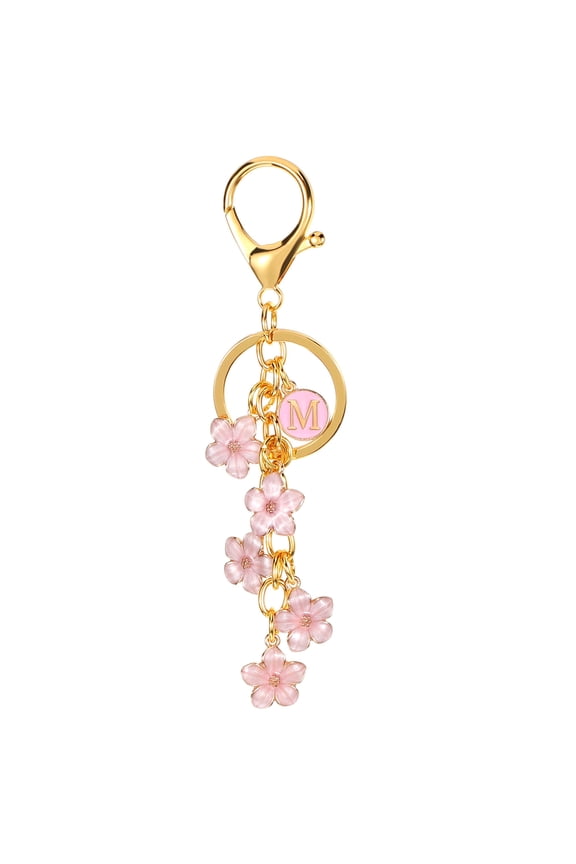 Initial Letter Flower Keychain, Alphabet M Enamel Charm Flower Keyring, Pink