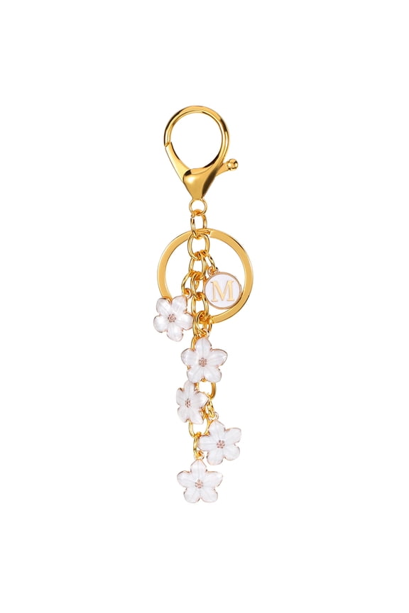 Initial Letter Flower Keychain, Alphabet M Enamel Charm Flower Keyring, White