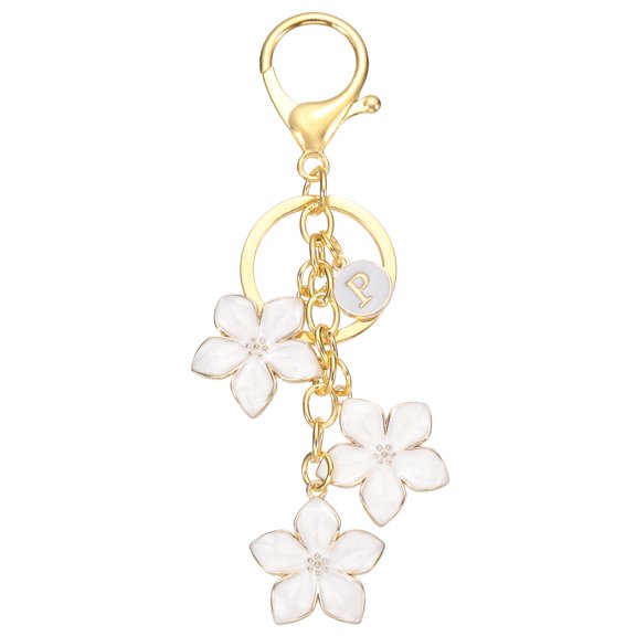 Uxcell Initial Letter Flower Keychain, Alphabet P Drip Oil White Charm Cherry Blossom