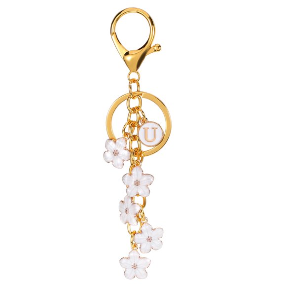 Uxcell Initial Letter Flower Keychain, Alphabet U Enamel Charm Flower Keyring, White