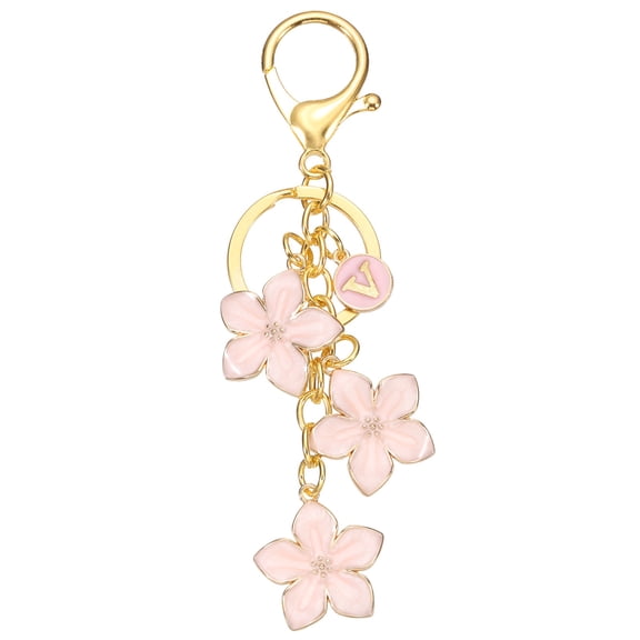 Uxcell Initial Letter Flower Keychain, Alphabet V Drip Oil Pink Charm Cherry Blossom