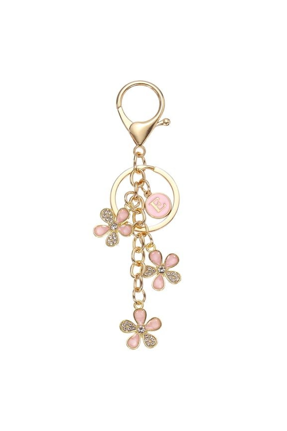 Initial Letter Flower Keychain, Cute Alphabet E Cherry Blossom Rhinestone Keyring for Women Girls Purse Backpack Handbag Charm Bling Sparkly Keychain, Pink