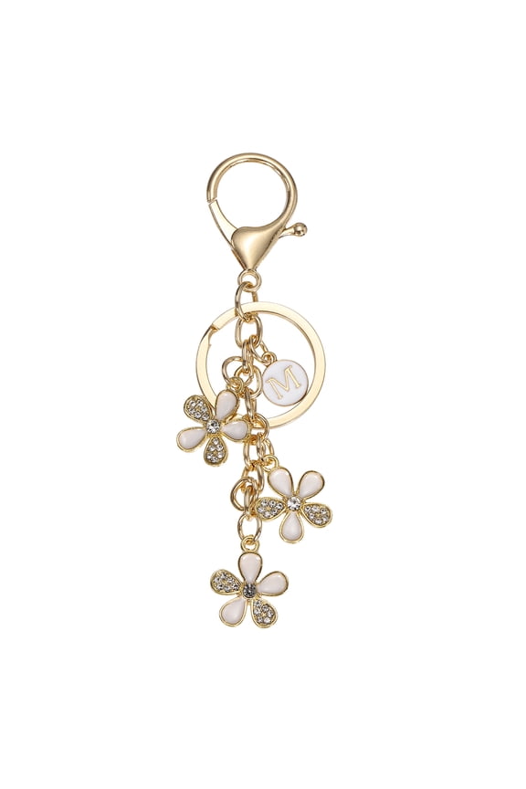 Initial Letter Flower Keychain, Cute Alphabet M Cherry Blossom Rhinestone Keyring for Women Girls Purse Backpack Handbag Charm Bling Sparkly Keychain, White