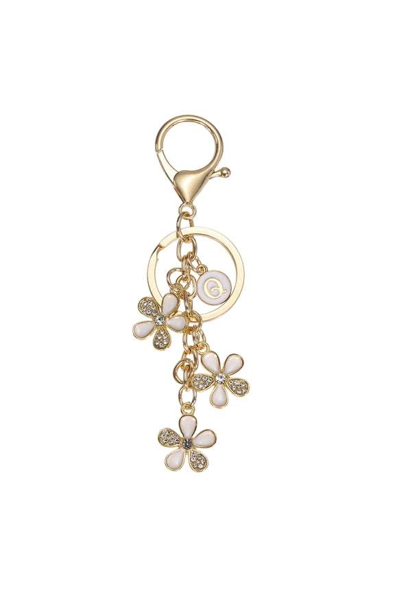 Initial Letter Flower Keychain, Cute Alphabet Q Cherry Blossom Rhinestone Keyring for Women Girls Purse Backpack Handbag Charm Bling Sparkly Keychain, White