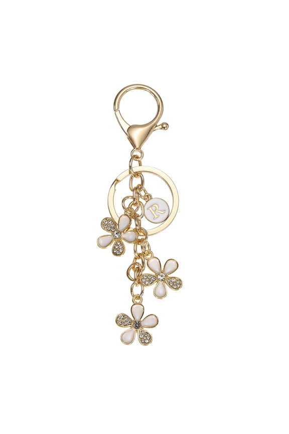 Initial Letter Flower Keychain, Cute Alphabet R Cherry Blossom Rhinestone Keyring for Women Girls Purse Backpack Handbag Charm Bling Sparkly Keychain, White