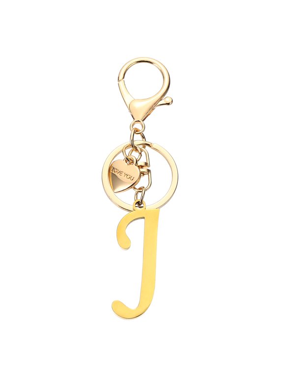 Initial Letter J Keychain, Stainless Steel Heart Alphabet Key Ring, Gold