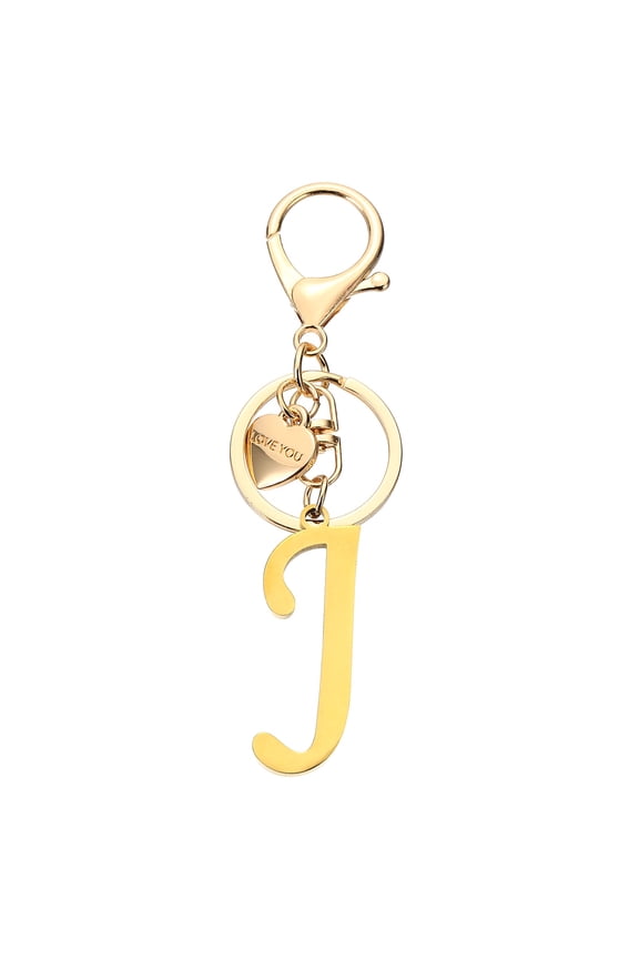 Initial Letter J Keychain, Stainless Steel Heart Alphabet Key Ring, Gold