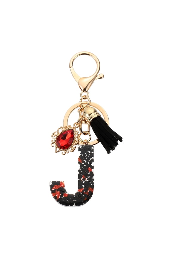 Initial Letter J Keychains, Resin Alphabet Key Ring with Tassel, Black/Red