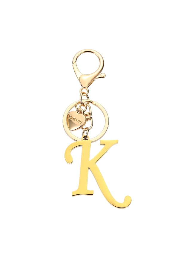 Initial Letter K Keychain, Stainless Steel Heart Alphabet Key Ring, Gold