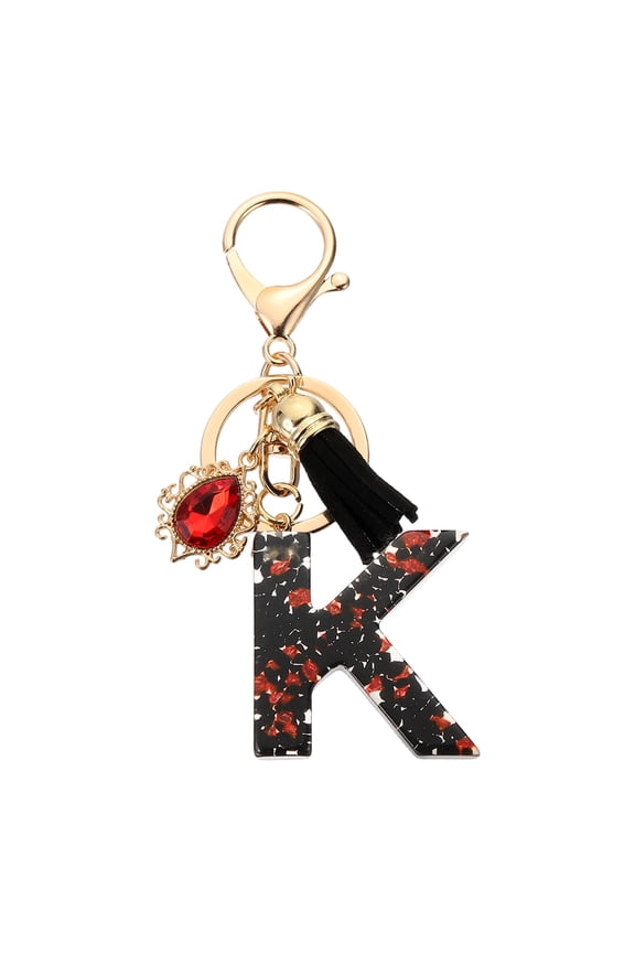 Initial Letter K Keychains, Resin Alphabet Key Ring with Tassel, Black/Red