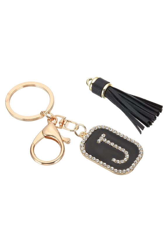 Initial Letter Key Chain, Cubic Zirconia Crystal Alphabet Keychains Letter J Tassel Pendant Keyring, Black/Gold
