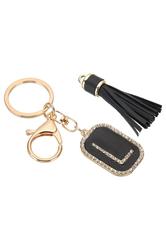 Initial Letter Key Chain, Cubic Zirconia Crystal Alphabet Keychains Letter L Tassel Pendant Keyring, Black/Gold