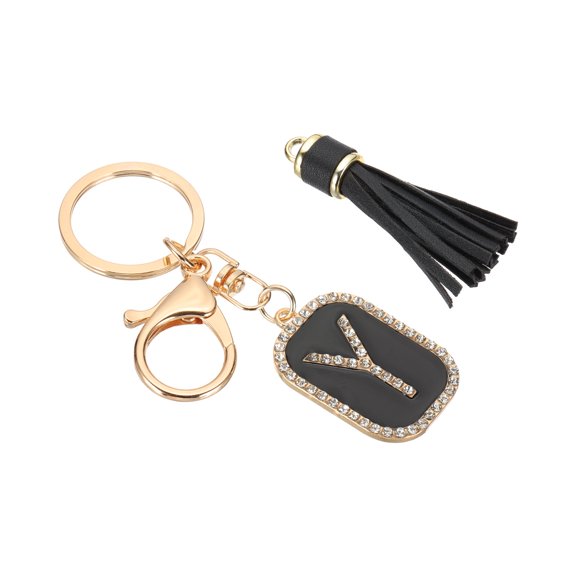 Uxcell Initial Letter Key Chain, Cubic Zirconia Crystal Alphabet Keychains Letter Y Tassel Pendant Keyring, Black/Gold