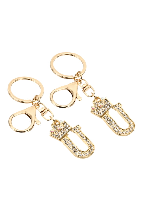 Initial Letter Keychain, 2 Pcs Letter U Crown Design Charm with Crystal Diamonds Decorative Alphabet Pendants for Bag Backpack DIY Craft, Gold Tone