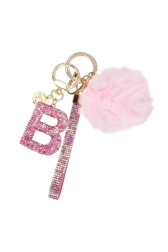 Initial Letter Keychain, Alphabet B Bling Rhinestone Keyring Key Chains Charms with Pom and Rhinestone Wristlet for Women Girls Car Key Purse Backpack Handbag Charm, Pink