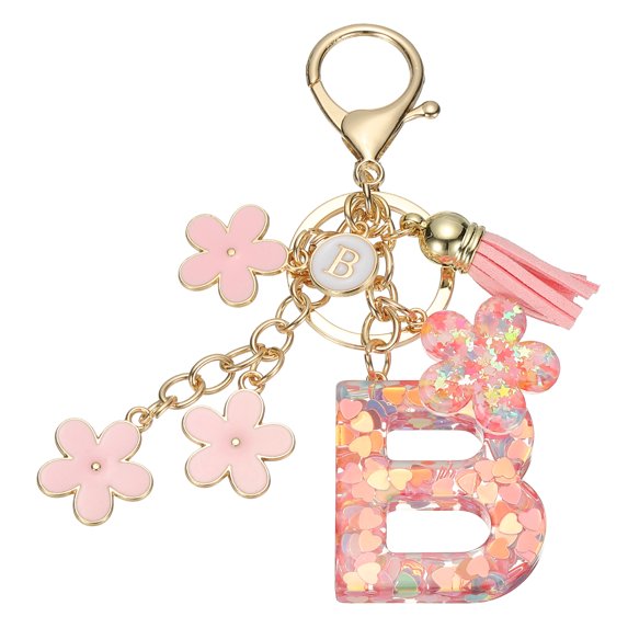 Uxcell Initial Letter Keychain, Cute Tassel Cherry Blossom Keychain Letter Keychain Charm with Flower Pendant Letter B Pink