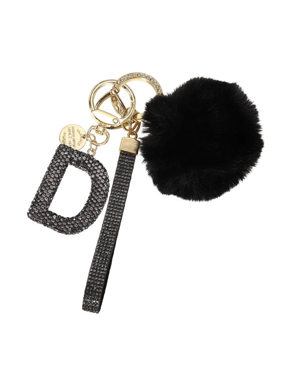 Initial Letter Keychain, Alphabet D Bling Rhinestone Keyring Key Chains Charms with Pom and Rhinestone Wristlet for Women Girls Car Key Purse Backpack Handbag Charm, Grey