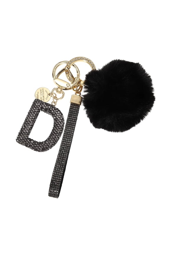 Initial Letter Keychain, Alphabet D Bling Rhinestone Keyring Key Chains Charms with Pom and Rhinestone Wristlet for Women Girls Car Key Purse Backpack Handbag Charm, Grey