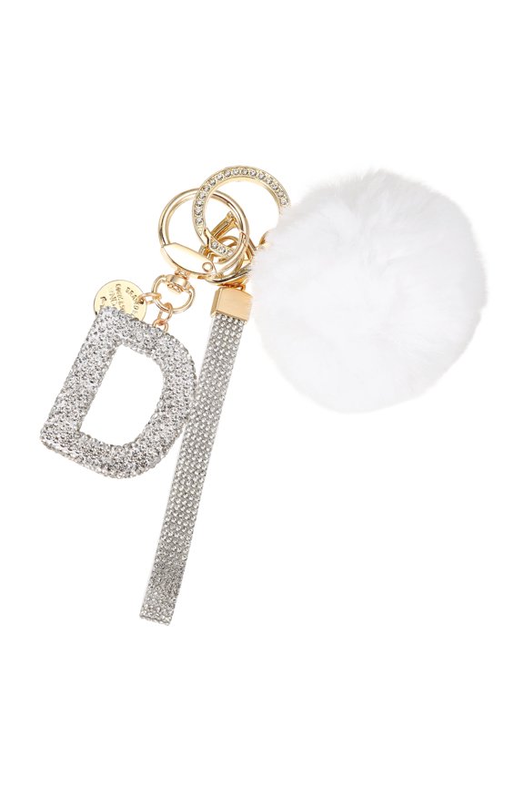 Initial Letter Keychain, Alphabet D Bling Rhinestone Keyring Key Chains Charms with Pom and Rhinestone Wristlet for Women Girls Car Key Purse Backpack Handbag Charm, White