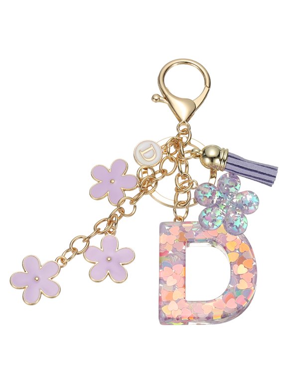Initial Letter Keychain, Cute Tassel Cherry Blossom Keychain Letter Keychain Charm with Flower Pendant Letter D Purple