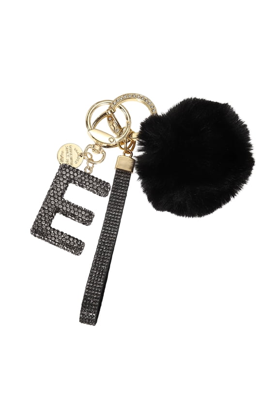 Initial Letter Keychain, Alphabet E Bling Rhinestone Keyring Key Chains Charms with Pom and Rhinestone Wristlet for Women Girls Car Key Purse Backpack Handbag Charm, Grey