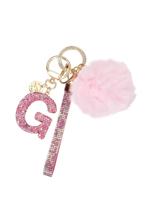 Initial Letter Keychain, Alphabet G Bling Rhinestone Keyring Key Chains Charms with Pom and Rhinestone Wristlet for Women Girls Car Key Purse Backpack Handbag Charm, Pink
