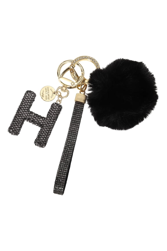 Initial Letter Keychain, Alphabet H Bling Rhinestone Keyring Key Chains Charms with Pom and Rhinestone Wristlet for Women Girls Car Key Purse Backpack Handbag Charm, Grey