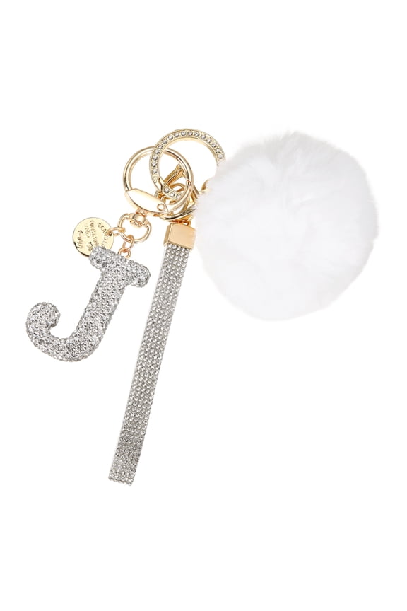 Initial Letter Keychain, Alphabet J Bling Rhinestone Keyring Key Chains Charms with Pom and Rhinestone Wristlet for Women Girls Car Key Purse Backpack Handbag Charm, White