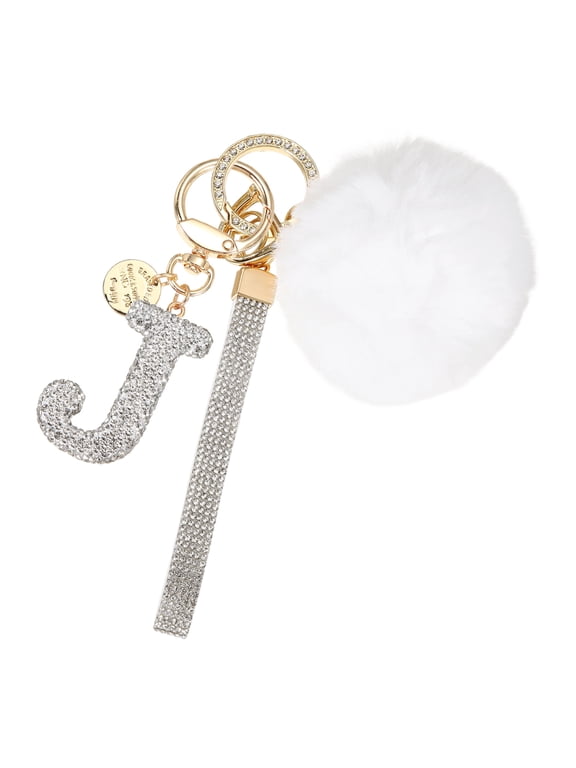 Initial Letter Keychain, Alphabet J Bling Rhinestone Keyring Key Chains Charms with Pom and Rhinestone Wristlet for Women Girls Car Key Purse Backpack Handbag Charm, White