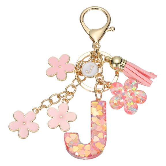 Uxcell Initial Letter Keychain, Cute Tassel Cherry Blossom Keychain Letter Keychain Charm with Flower Pendant Letter J Pink