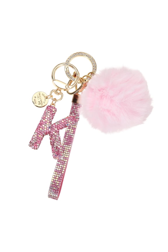 Initial Letter Keychain, Alphabet K Bling Rhinestone Keyring Key Chains Charms with Pom and Rhinestone Wristlet for Women Girls Car Key Purse Backpack Handbag Charm, Pink