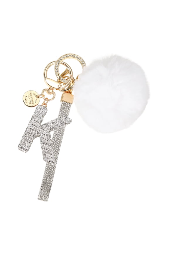 Initial Letter Keychain, Alphabet K Bling Rhinestone Keyring Key Chains Charms with Pom and Rhinestone Wristlet for Women Girls Car Key Purse Backpack Handbag Charm, White