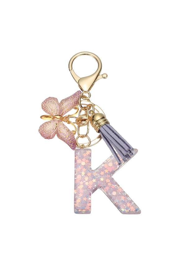 Initial Letter Keychain, Cute Tassel Butterfly Keychain Letter Keychain Charm for Women Girls Key Purse Handbag Letter-K Purple