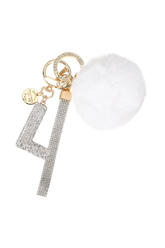 Initial Letter Keychain, Alphabet L Bling Rhinestone Keyring Key Chains Charms with Pom and Rhinestone Wristlet for Women Girls Car Key Purse Backpack Handbag Charm, White
