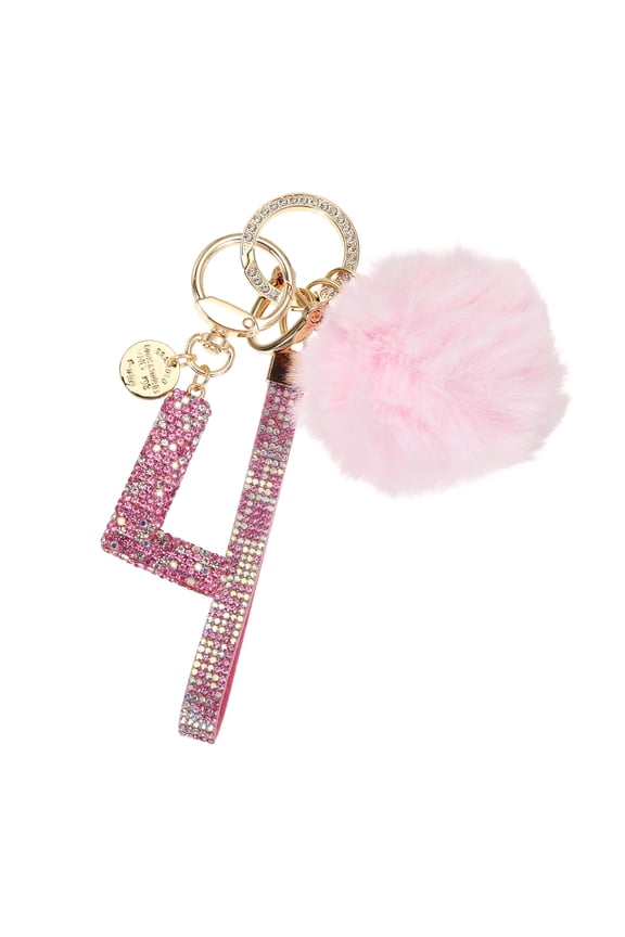 Initial Letter Keychain, Alphabet L Bling Rhinestone Keyring Key Chains Charms with Pom and Rhinestone Wristlet for Women Girls Car Key Purse Backpack Handbag Charm, Pink