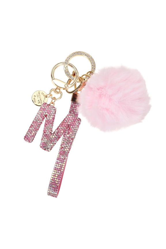Initial Letter Keychain, Alphabet M Bling Rhinestone Keyring Key Chains Charms with Pom and Rhinestone Wristlet for Women Girls Car Key Purse Backpack Handbag Charm, Pink
