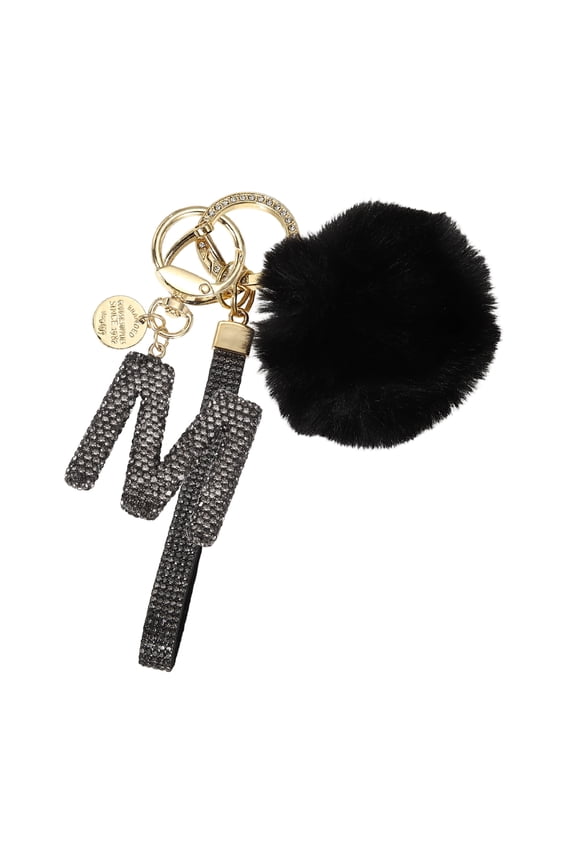 Initial Letter Keychain, Alphabet M Bling Rhinestone Keyring Key Chains Charms with Pom and Rhinestone Wristlet for Women Girls Car Key Purse Backpack Handbag Charm, Grey