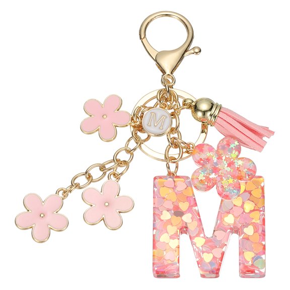 Uxcell Initial Letter Keychain, Cute Tassel Cherry Blossom Keychain Letter Keychain Charm with Flower Pendant Letter M Pink