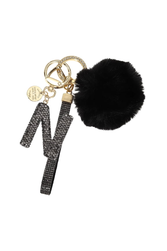 Initial Letter Keychain, Alphabet N Bling Rhinestone Keyring Key Chains Charms with Pom and Rhinestone Wristlet for Women Girls Car Key Purse Backpack Handbag Charm, Grey