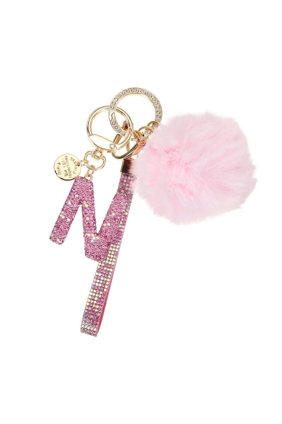 Initial Letter Keychain, Alphabet N Bling Rhinestone Keyring Key Chains Charms with Pom and Rhinestone Wristlet for Women Girls Car Key Purse Backpack Handbag Charm, Pink